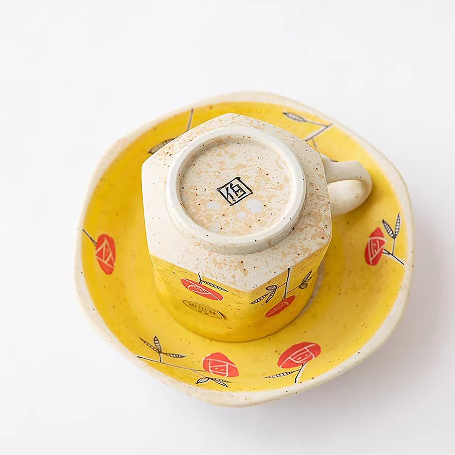 Tasse à café Arita jaune motif rose avec soucoupe