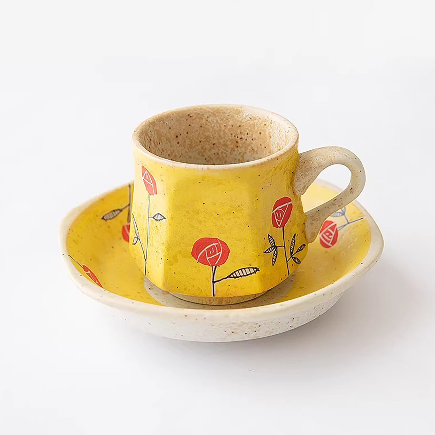 Tasse à café Arita jaune motif rose avec soucoupe