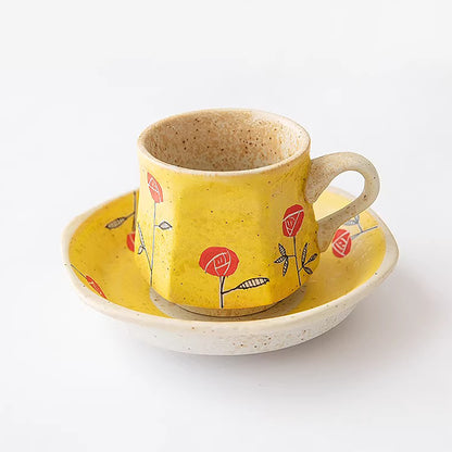 Tasse à café Arita jaune motif rose avec soucoupe