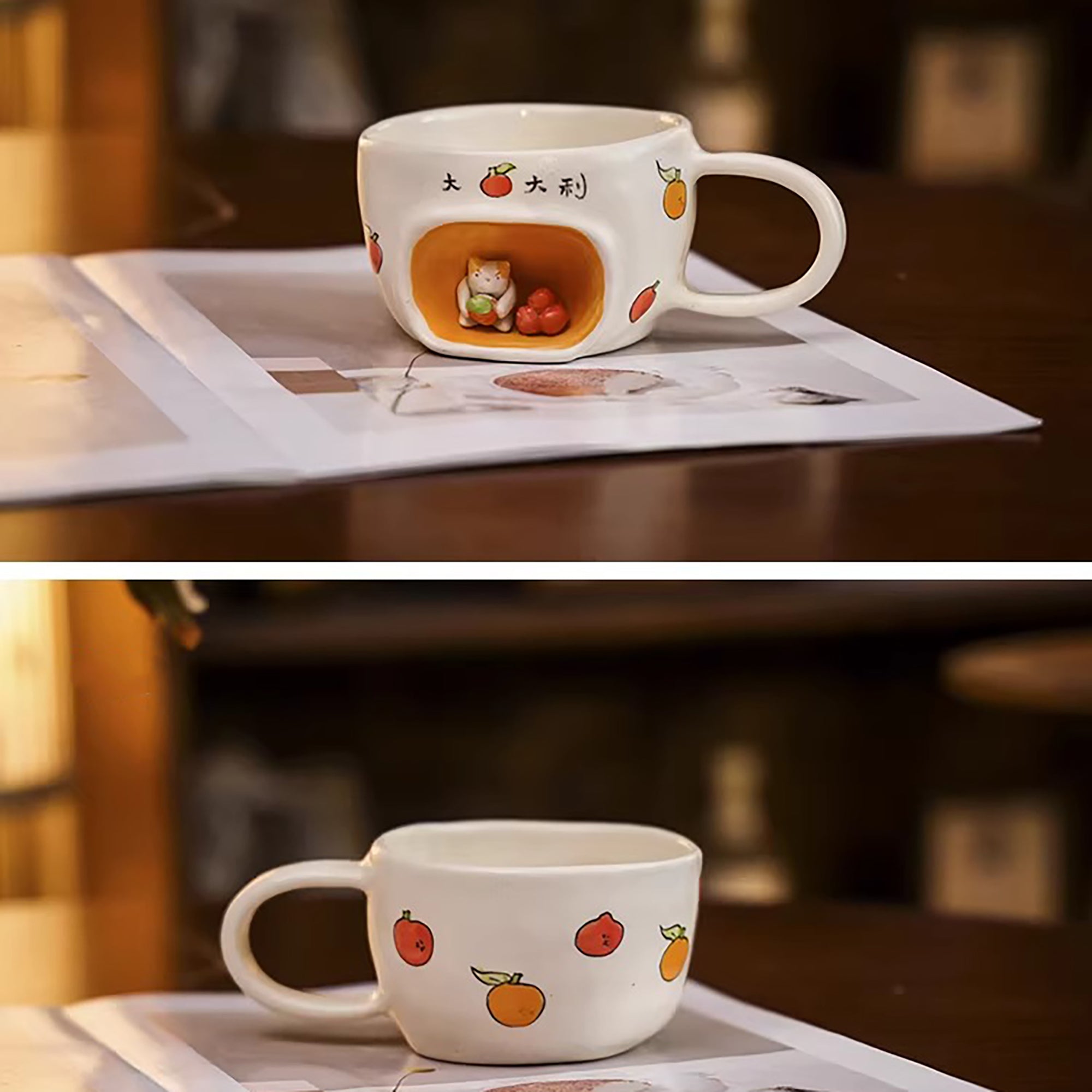 Tasse à café artisanale concept “chat dans la bibliothèque”