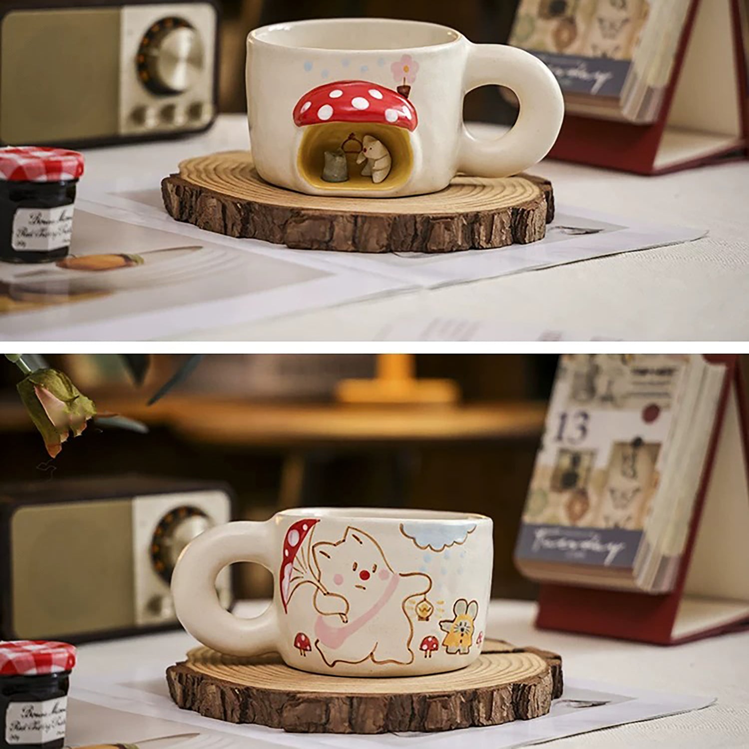 Tasse à café artisanale concept “chat dans la bibliothèque”