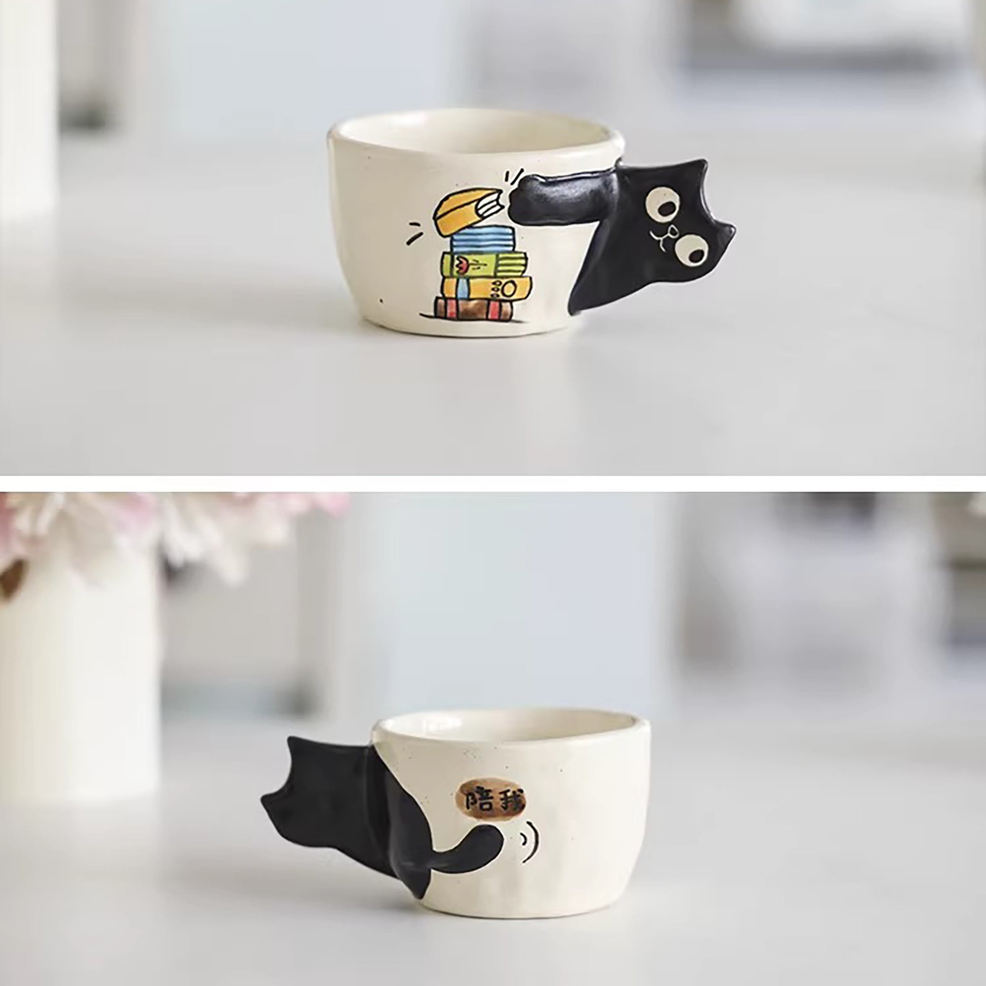Tasse à café artisanale avec anse chat en relief