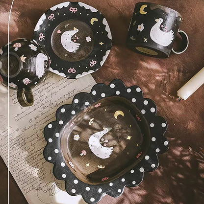 Tasse en céramique argile violette série Nuit &amp; Oiseau blanc