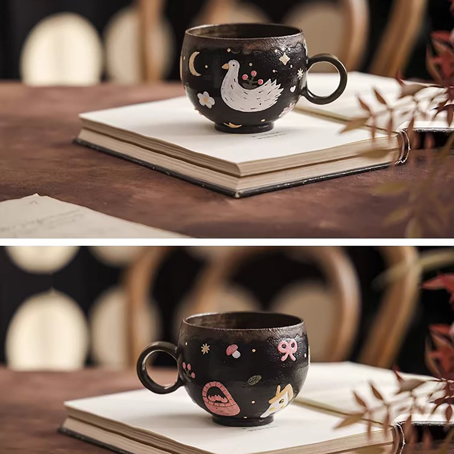 Tasse en céramique argile violette série Nuit &amp; Oiseau blanc