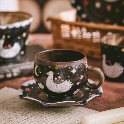 Tasse en céramique argile violette série Nuit &amp; Oiseau blanc