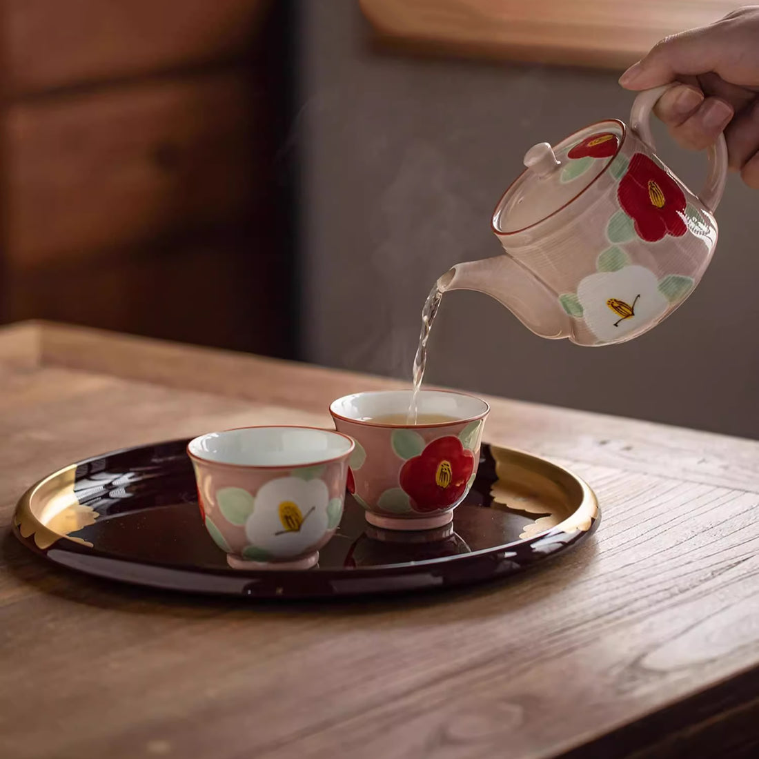 Service à thé japonais Arita yaki avec motif Camélia peint à la main