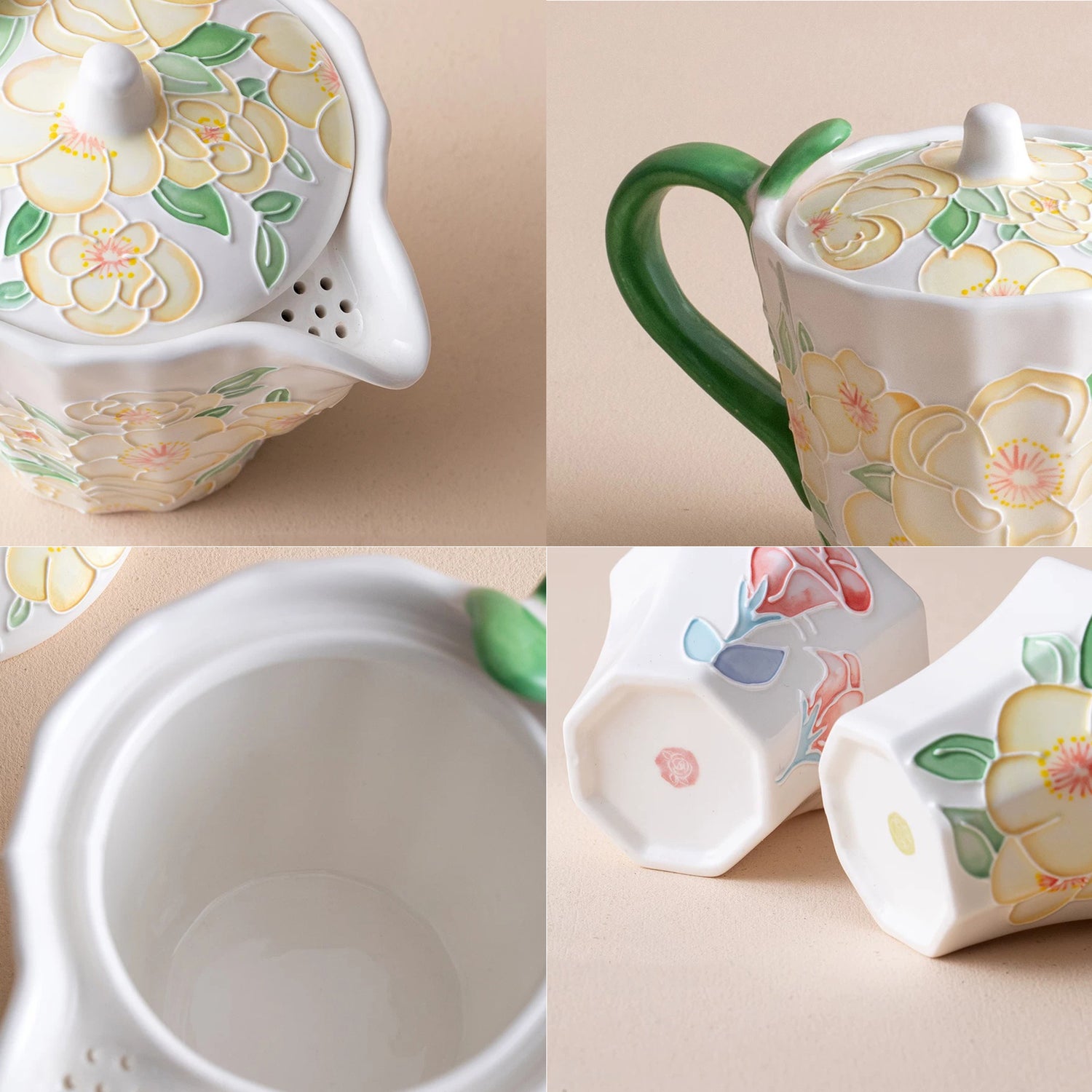 Service à thé en porcelaine décor floral en relief 