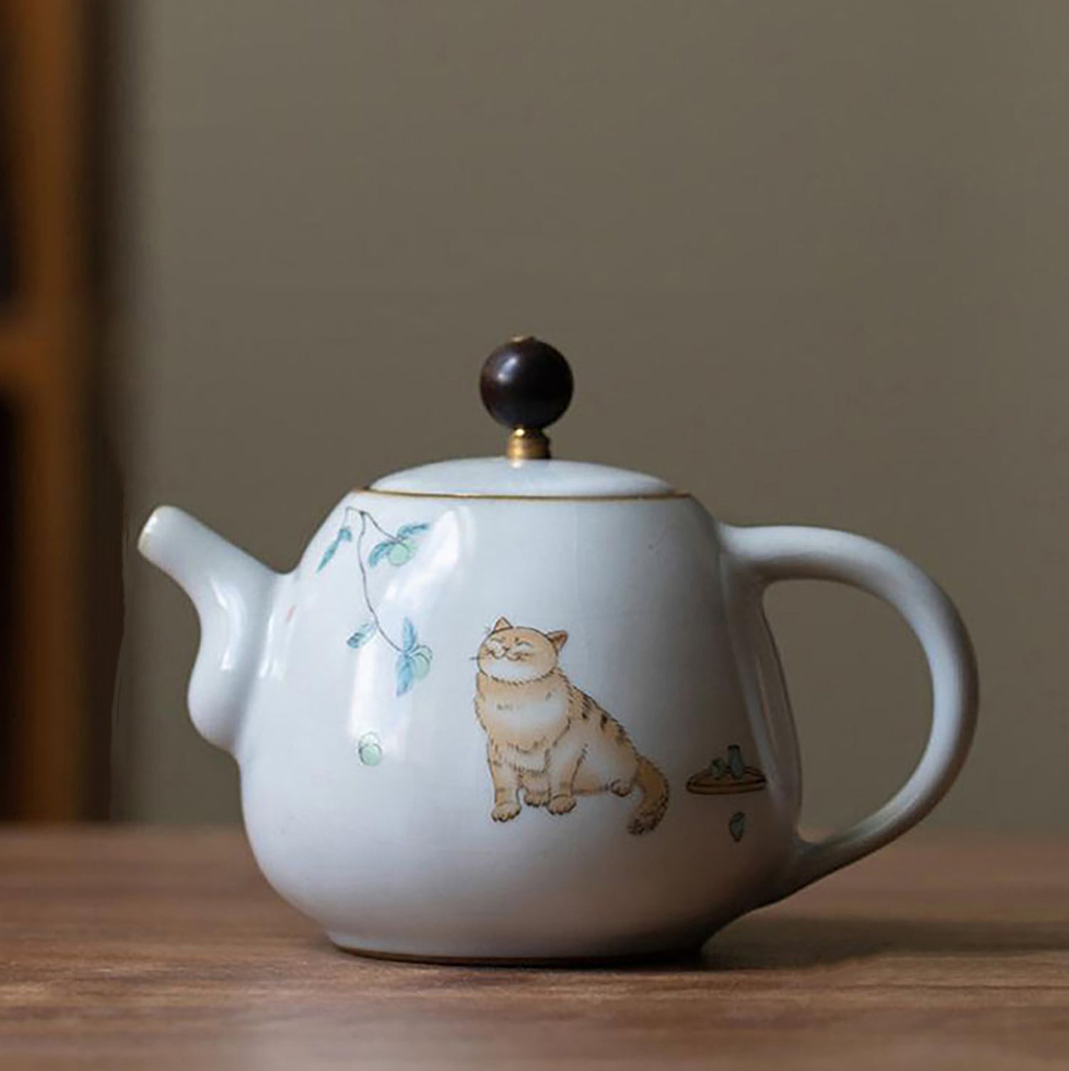 Théière en porcelaine Ru avec Motif de chat dessiné à la main