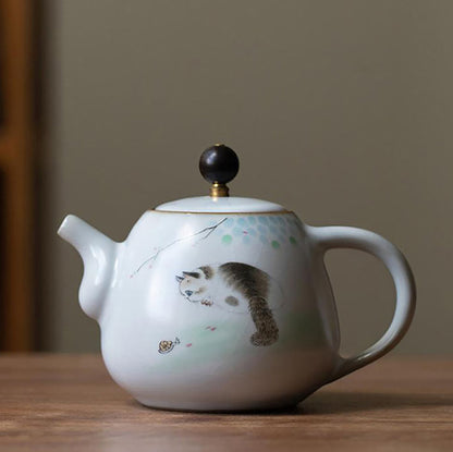 Théière en porcelaine Ru avec Motif de chat dessiné à la main