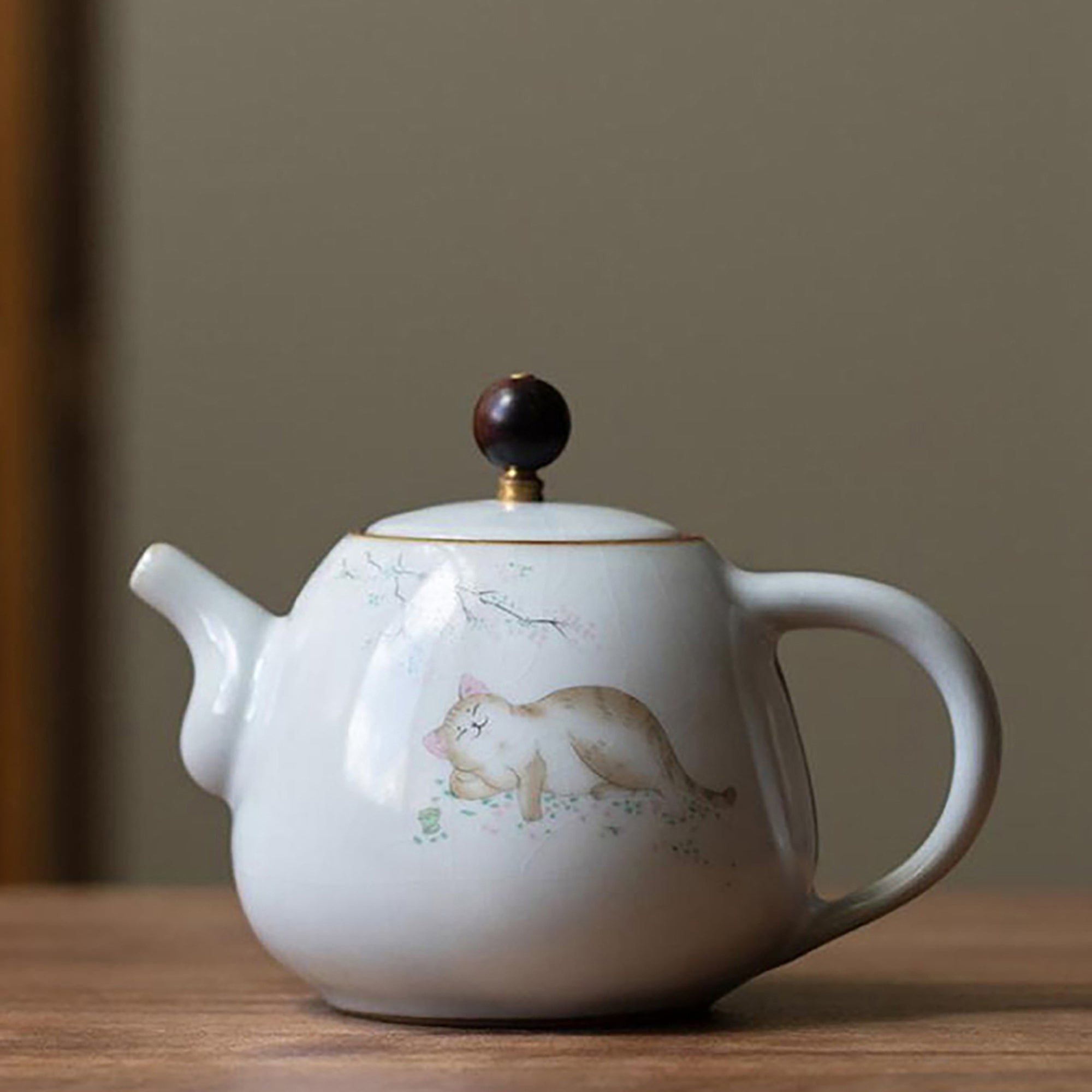 Théière en porcelaine Ru avec Motif de chat dessiné à la main