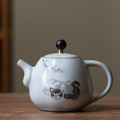 Théière en porcelaine Ru avec Motif de chat dessiné à la main