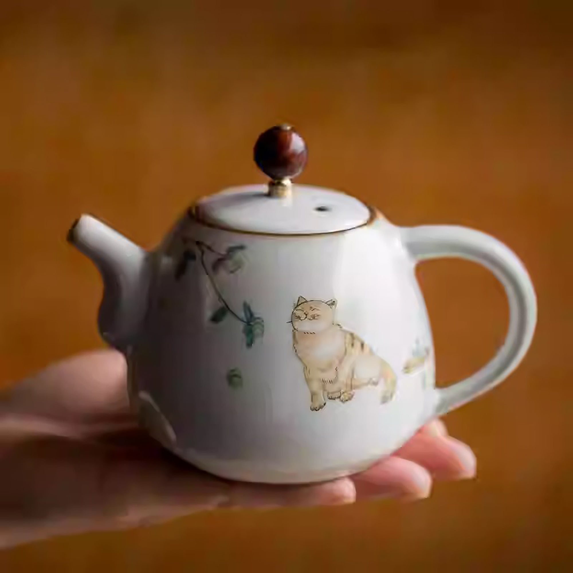 Théière en porcelaine Ru avec Motif de chat dessiné à la main