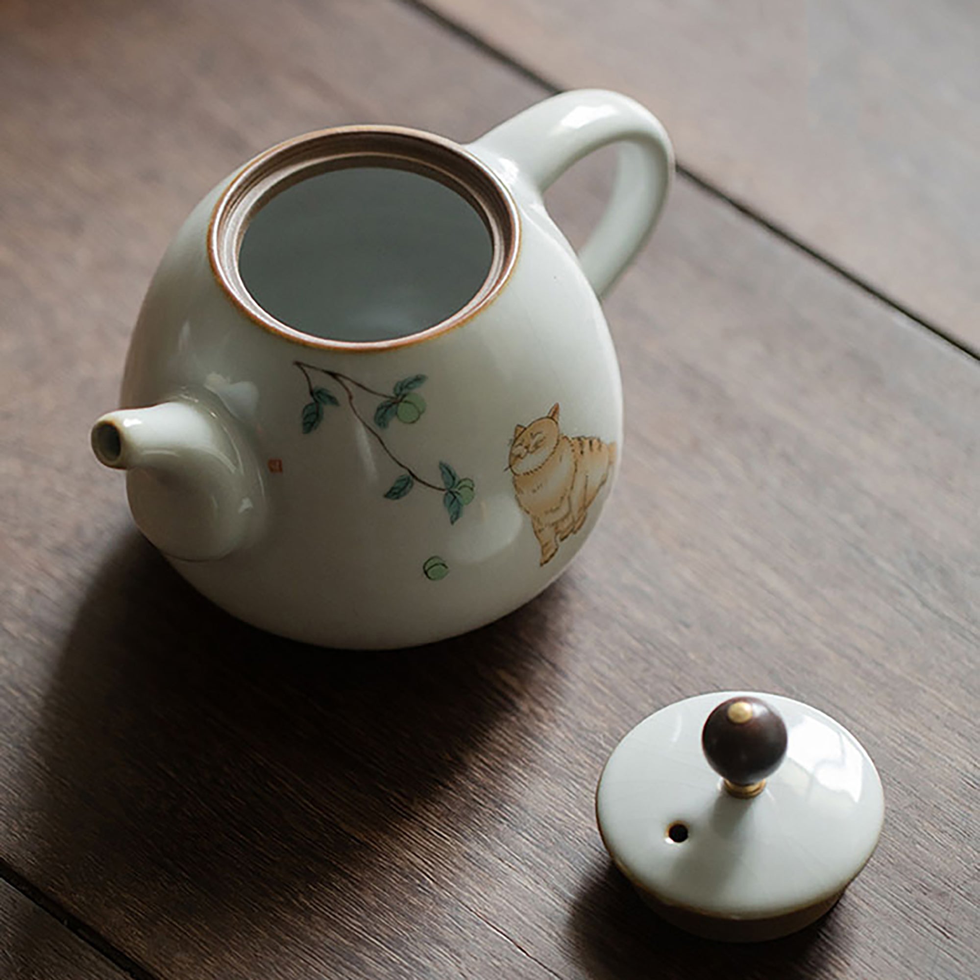 Théière en porcelaine Ru avec Motif de chat dessiné à la main