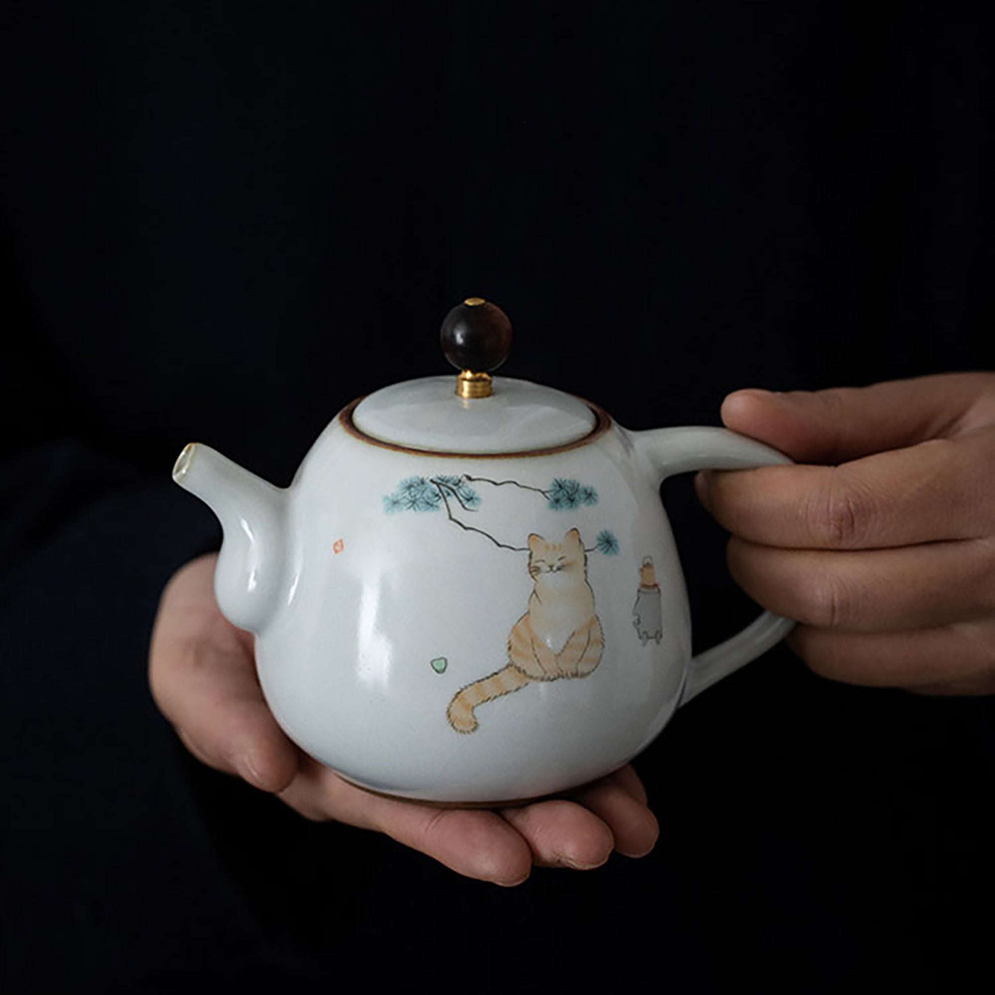 Théière en porcelaine Ru avec Motif de chat dessiné à la main