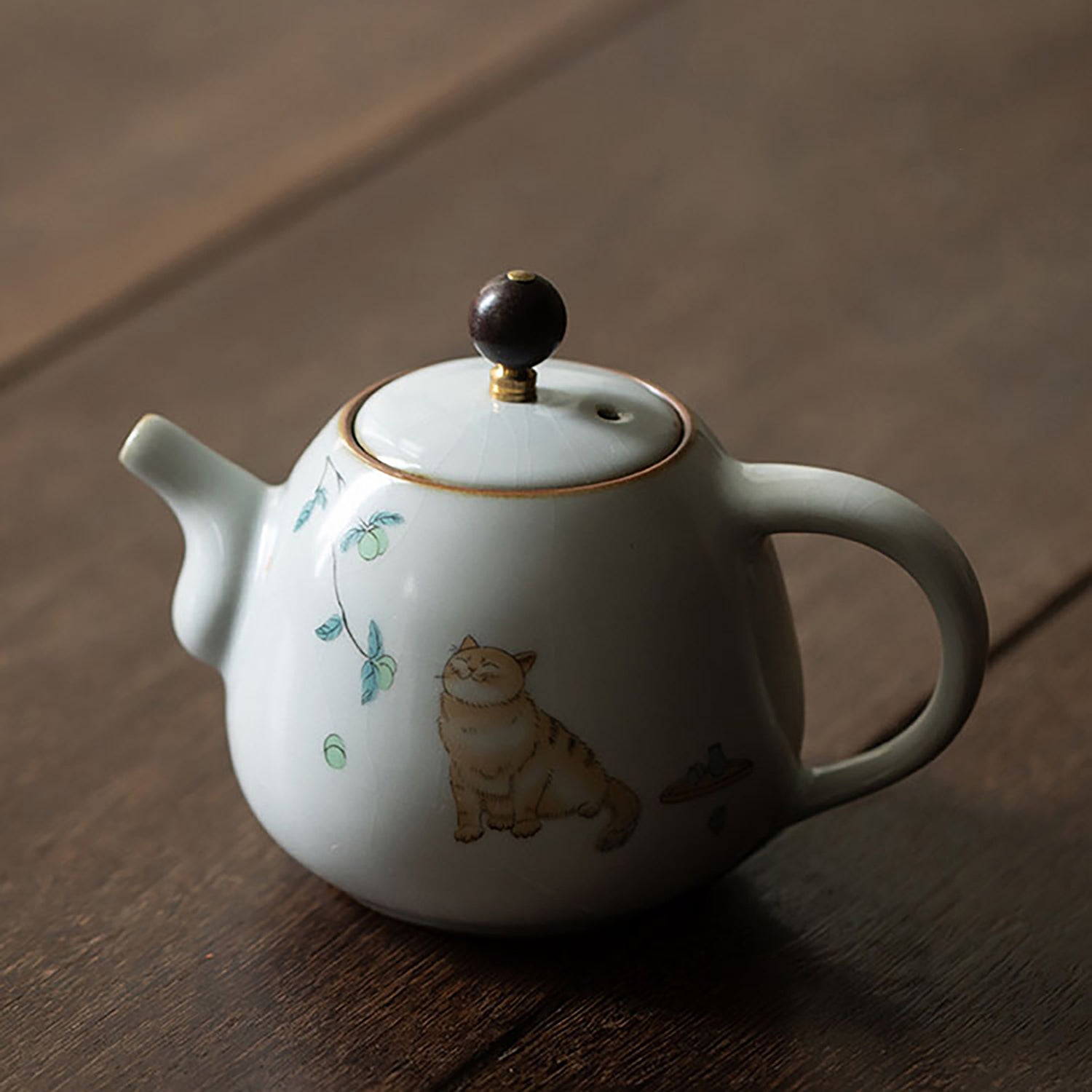 Théière en porcelaine Ru avec Motif de chat dessiné à la main