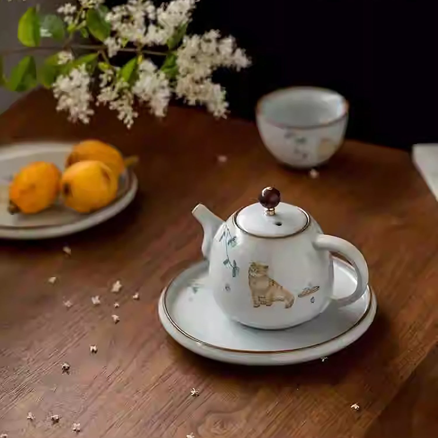 Théière en porcelaine Ru avec Motif de chat dessiné à la main
