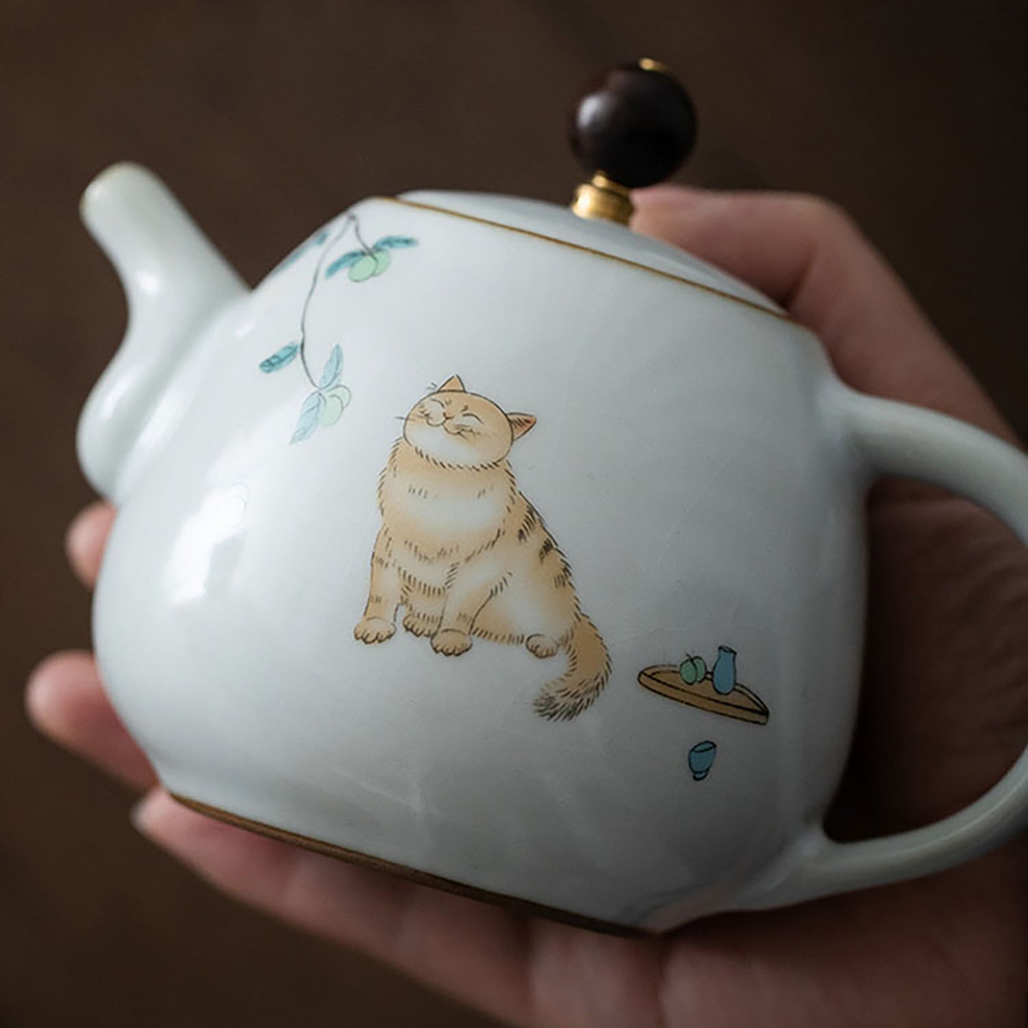 Théière en porcelaine Ru avec Motif de chat dessiné à la main