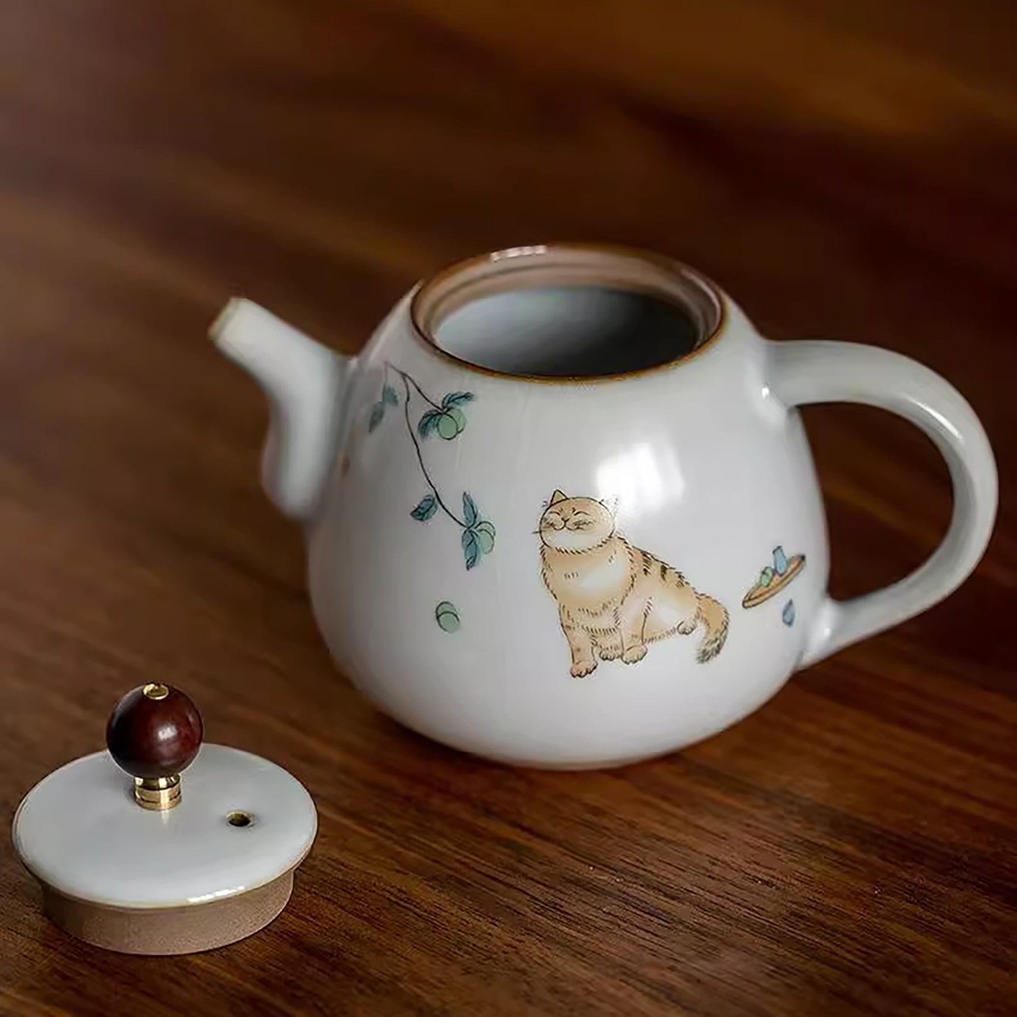 Théière en porcelaine Ru avec Motif de chat dessiné à la main