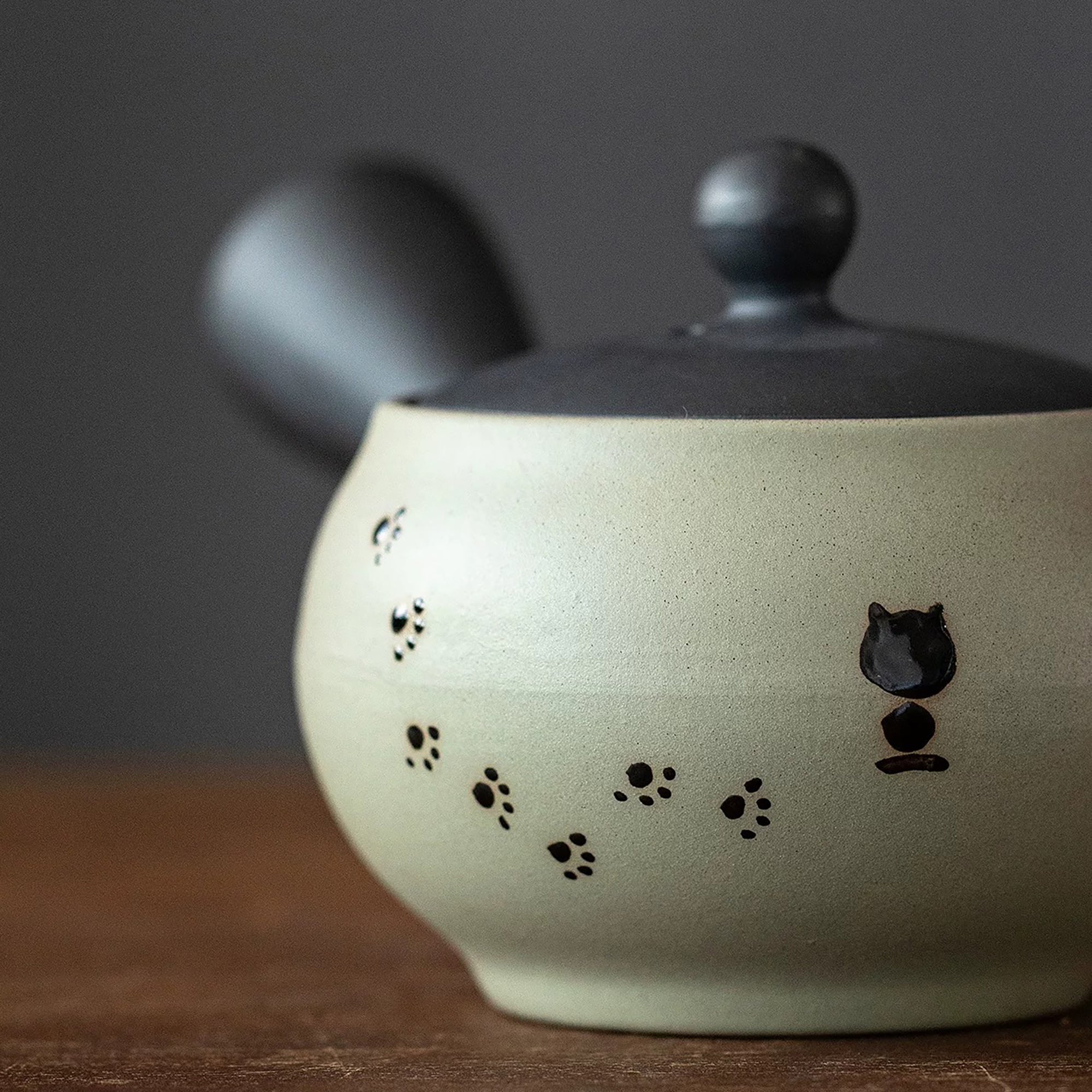 Théière kyusu latérale Tokoname-yaki motif chat noir