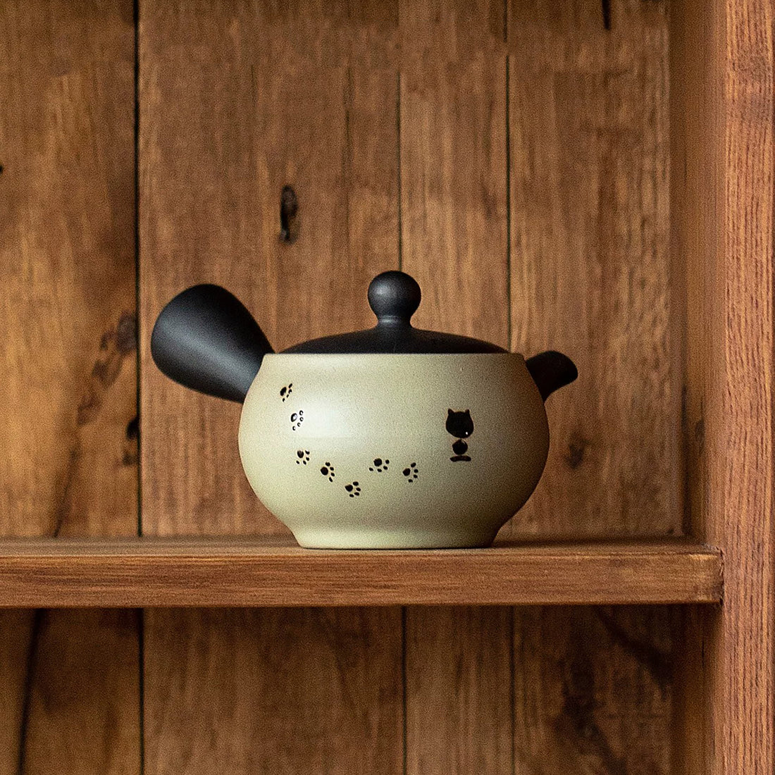Théière kyusu latérale Tokoname-yaki motif chat noir