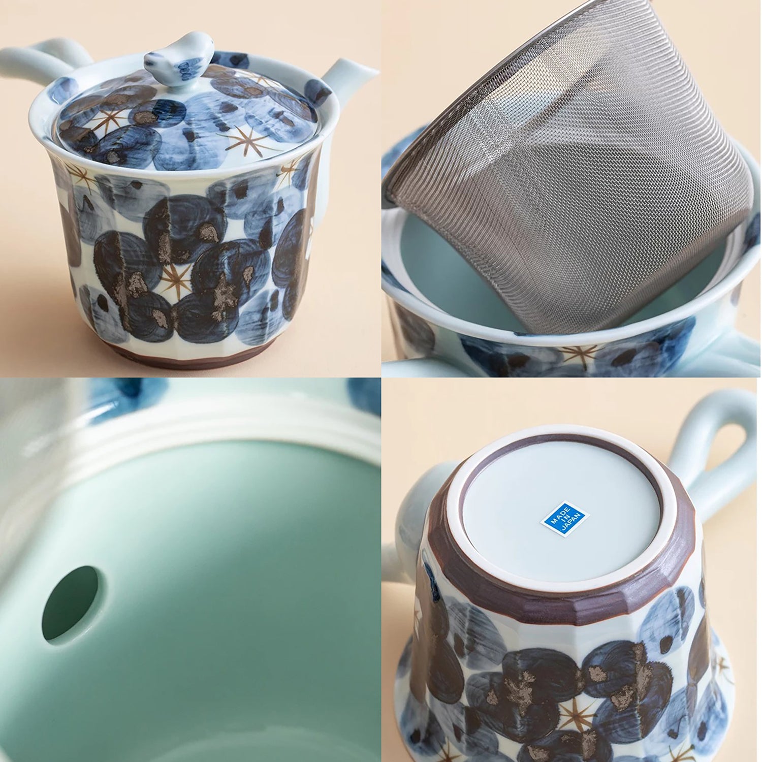 Théière kyusu latérale Mino-yaki “Issei” décor floral bleu