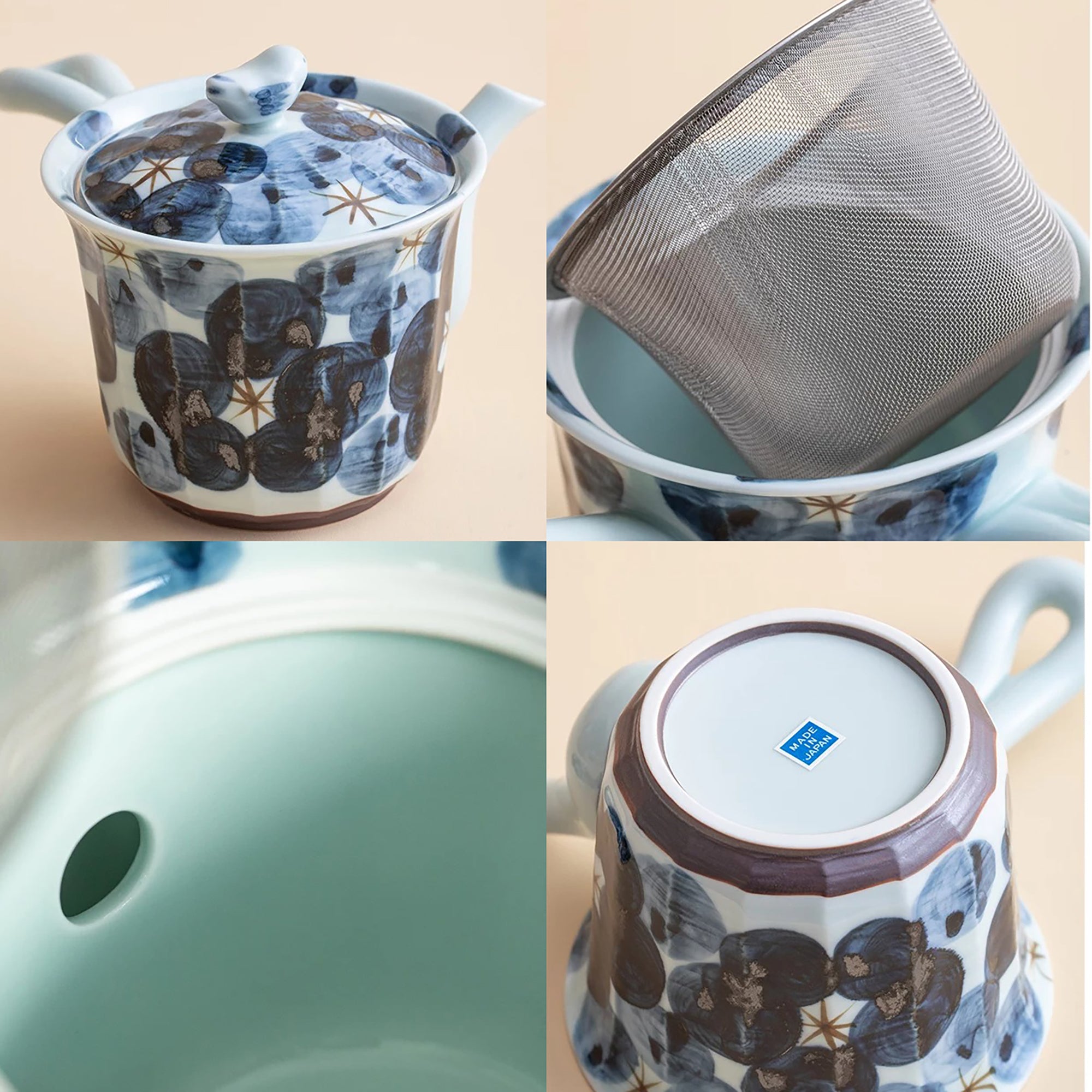 Théière kyusu latérale Mino-yaki “Issei” décor floral bleu