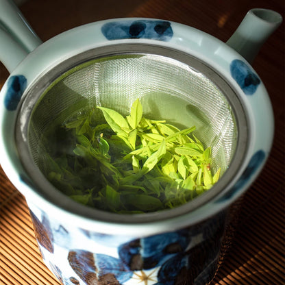 Théière kyusu latérale Mino-yaki “Issei” décor floral bleu
