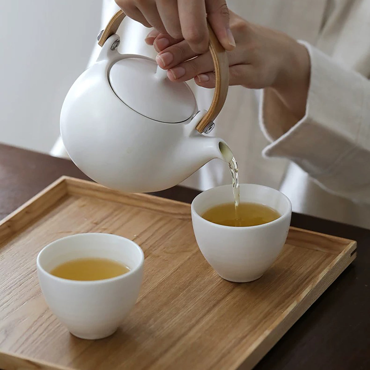 Service à thé Shimoyama en porcelaine avec anse en bambou