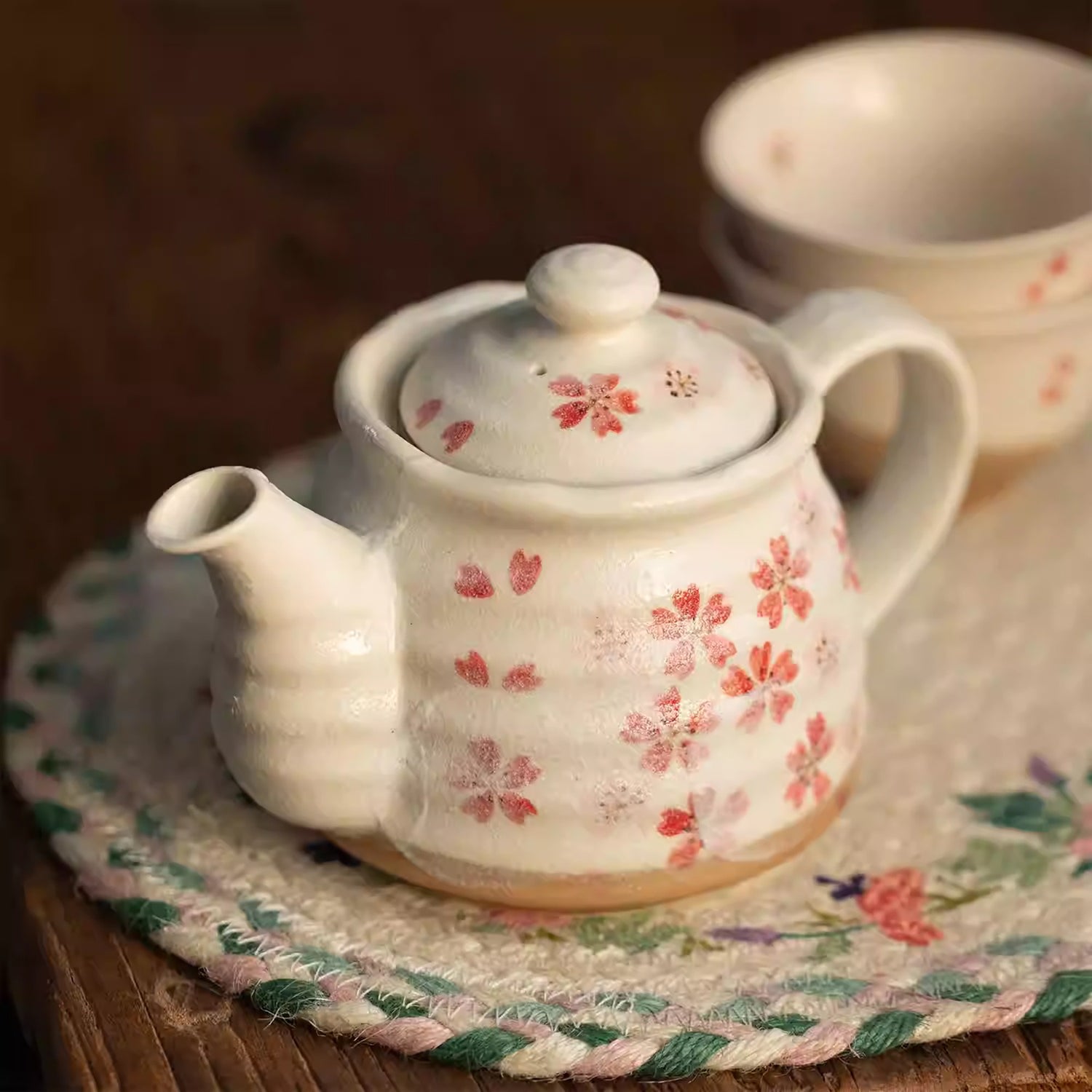 Service à thé Minoyaki motif sakura rose