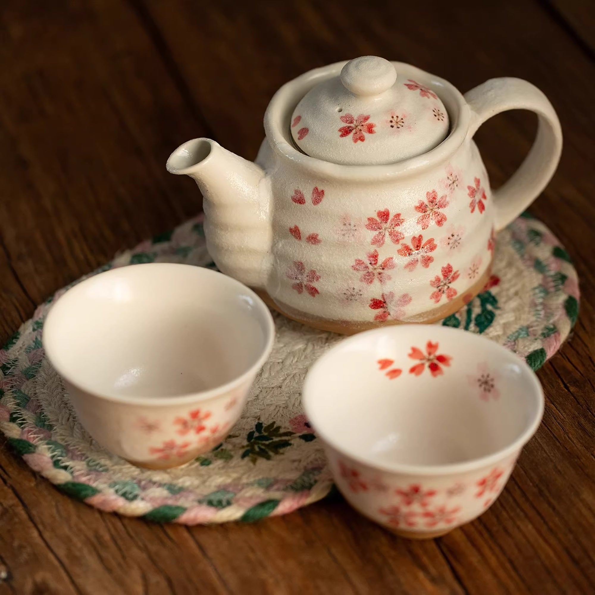 Service à thé Minoyaki motif sakura rose