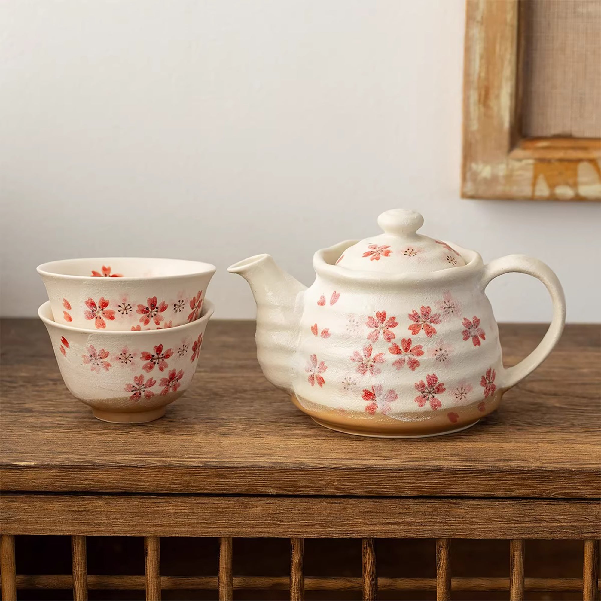 Service à thé Minoyaki motif sakura rose