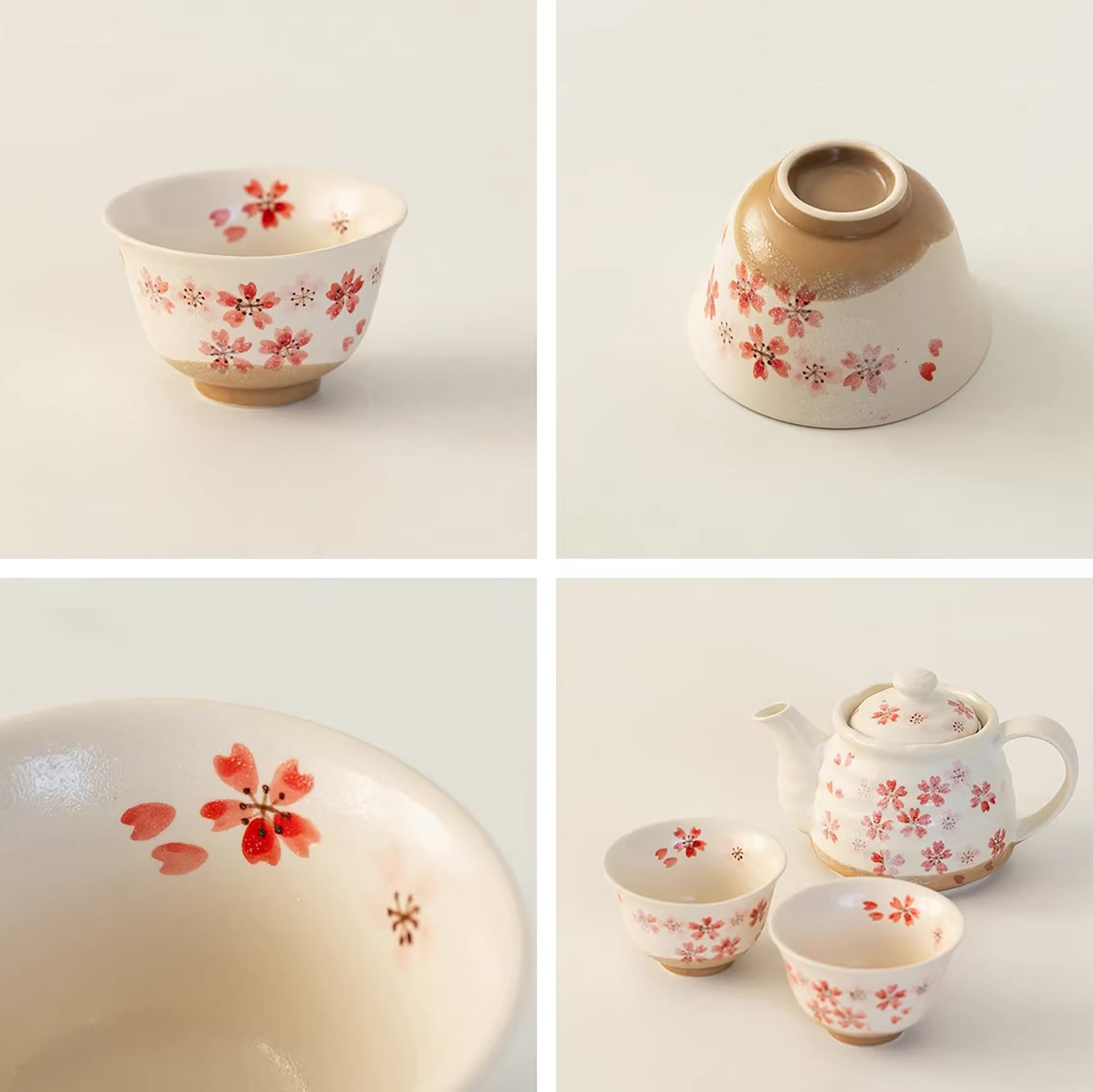 Service à thé Minoyaki motif sakura rose