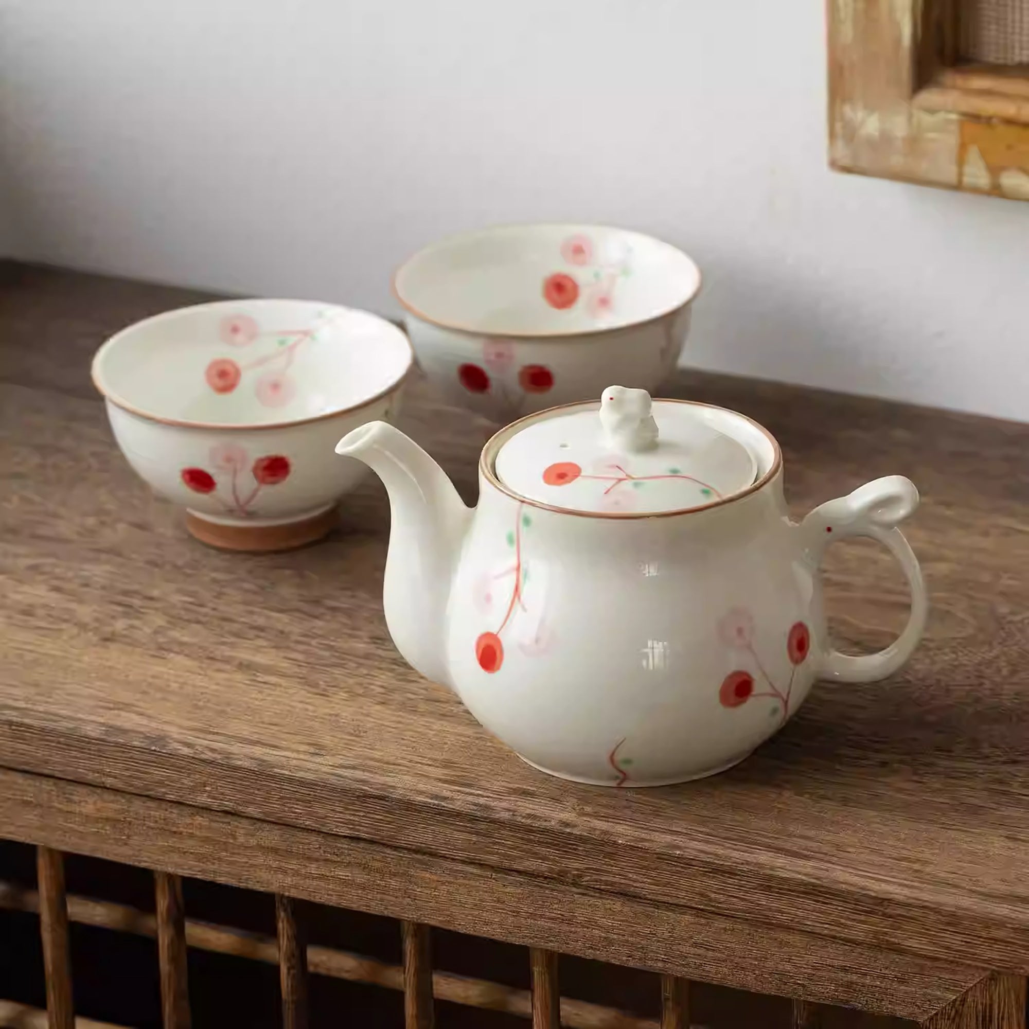 Service à thé Aritayaki cerises et lapin peint à la main