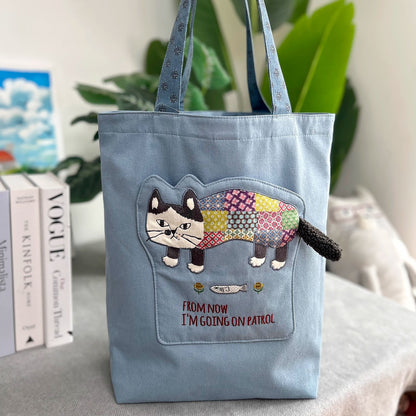 Sac cabas en toile brodée chat Kusuguru