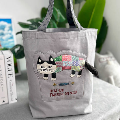Sac cabas en toile brodée chat Kusuguru