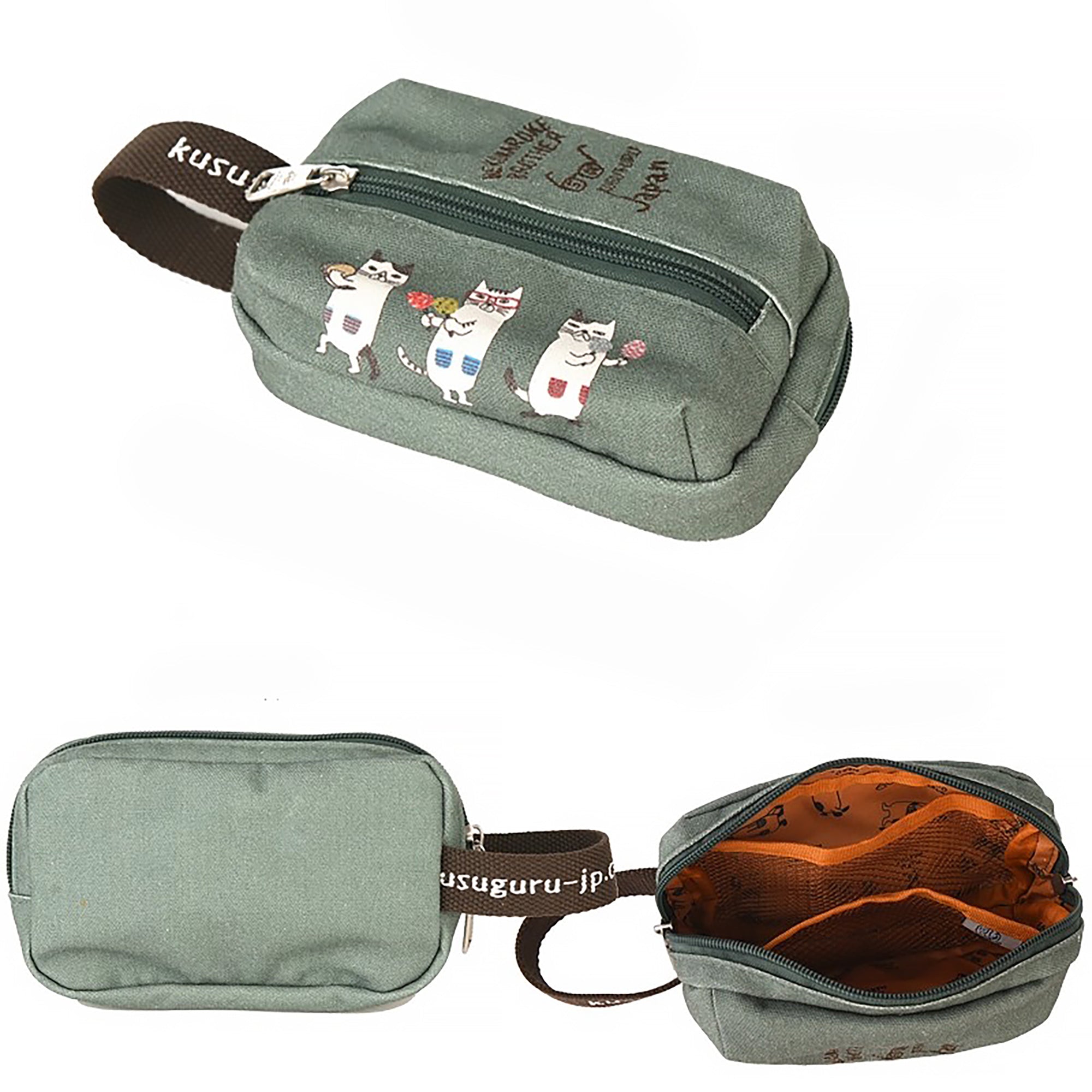 Kosmetiktasche Kusuguru mit Katzenstickerei und Fächern
