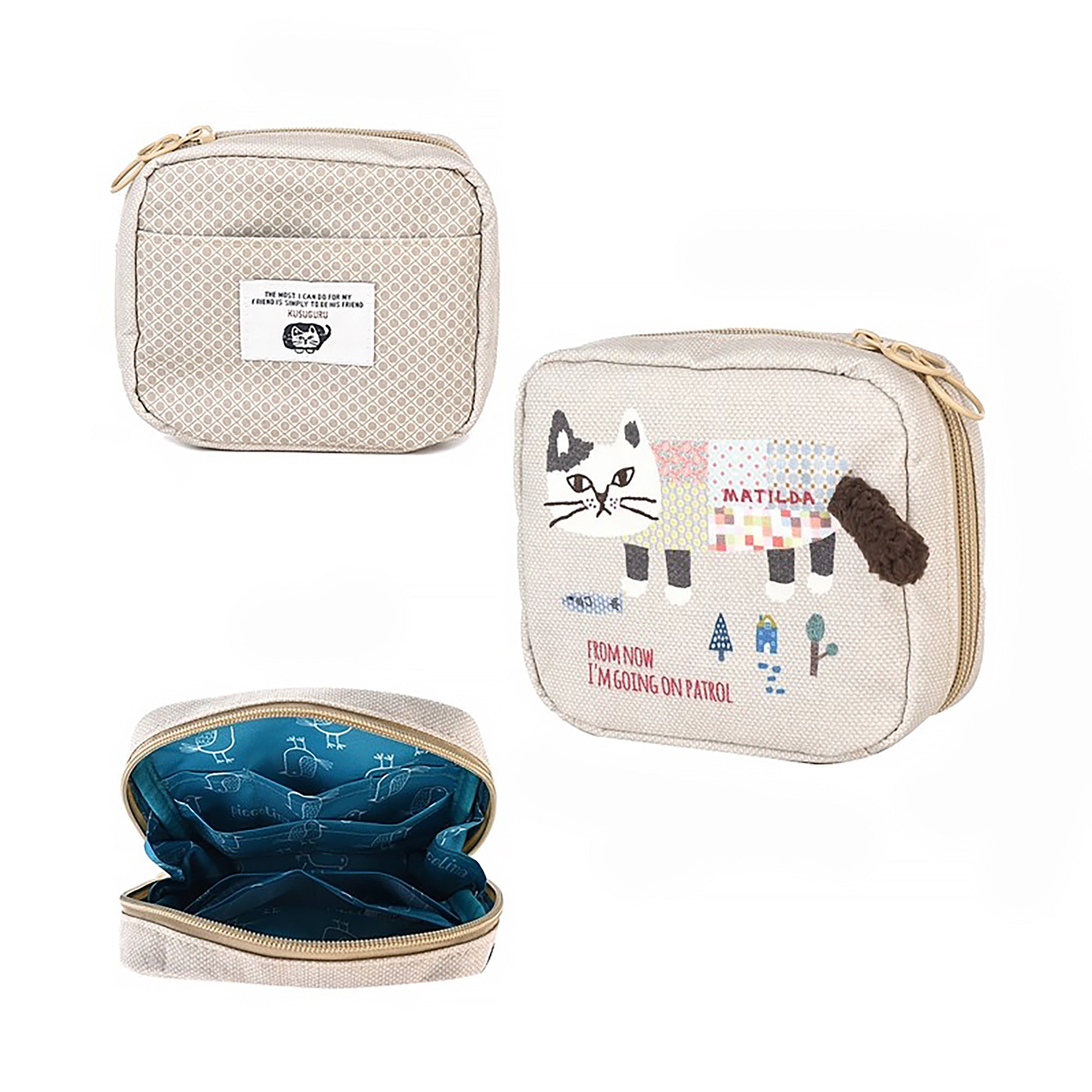 Pochette de rangement avec broderie chat Kusuguru avec multi-compartiments