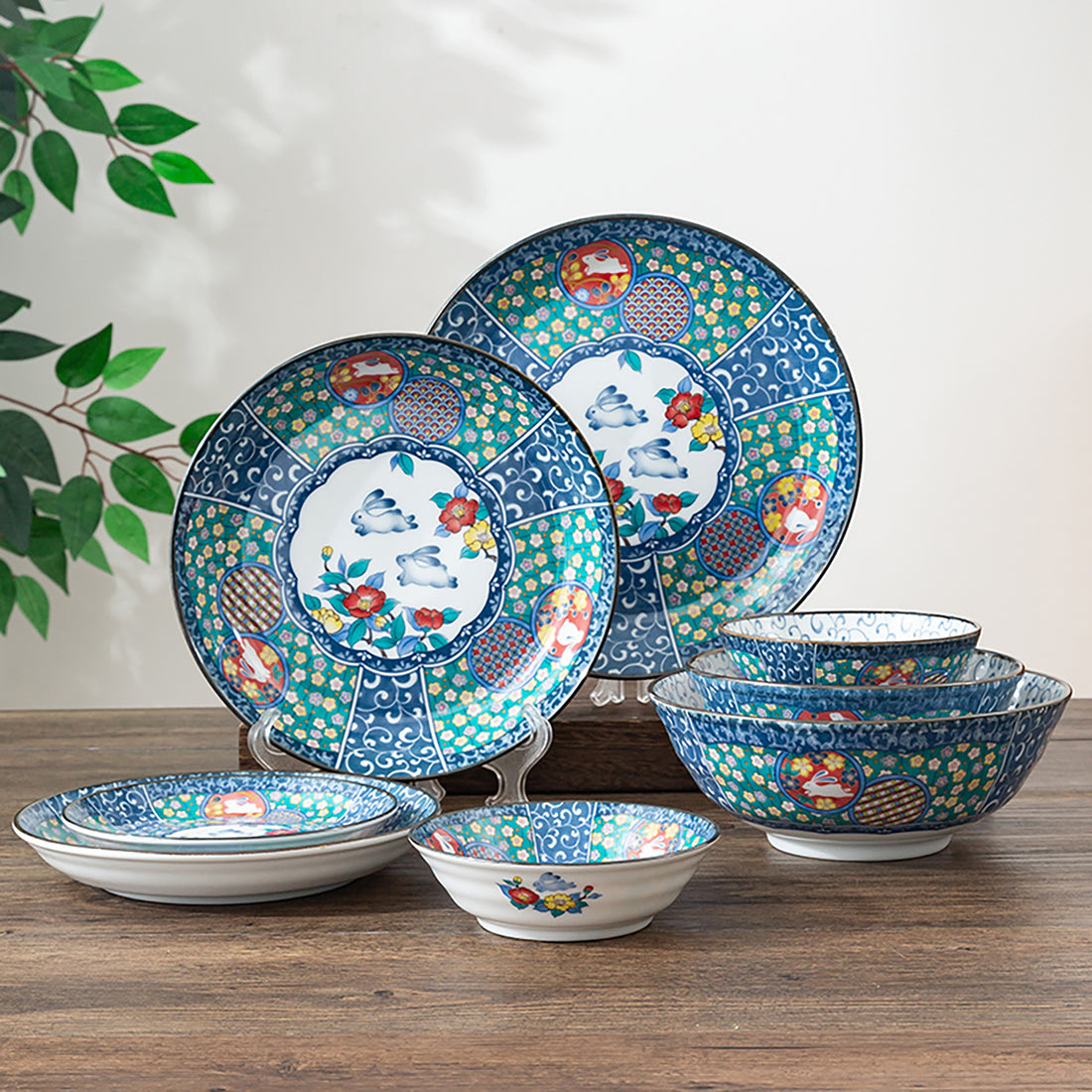 Kutani ceramic tableware with floral rabbit pattern