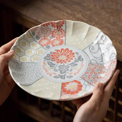 Vaisselle Minoyaki motif chrysanthème et vagues porte-bonheur