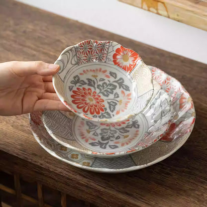Vaisselle Minoyaki motif chrysanthème et vagues porte-bonheur