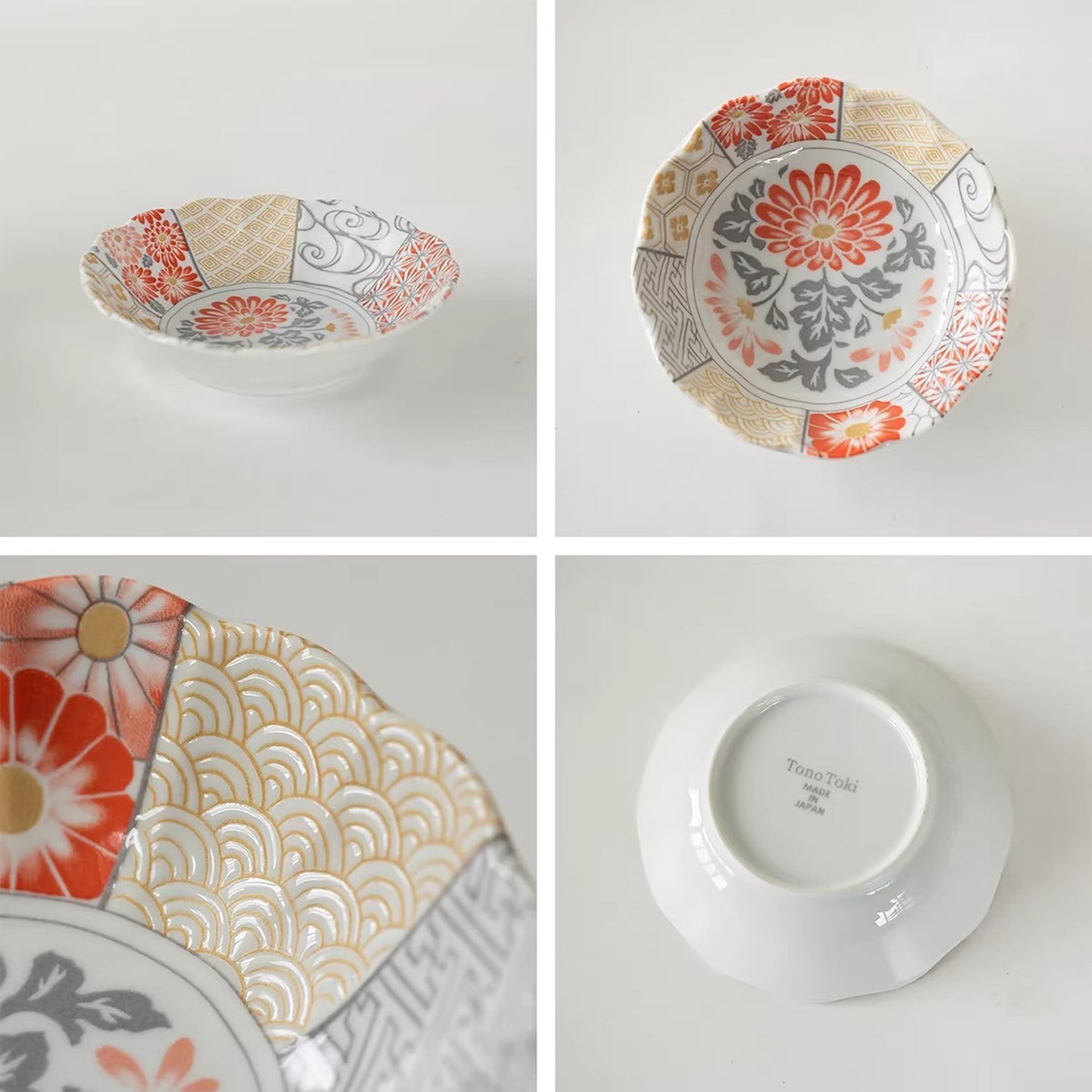 Vaisselle Minoyaki motif chrysanthème et vagues porte-bonheur