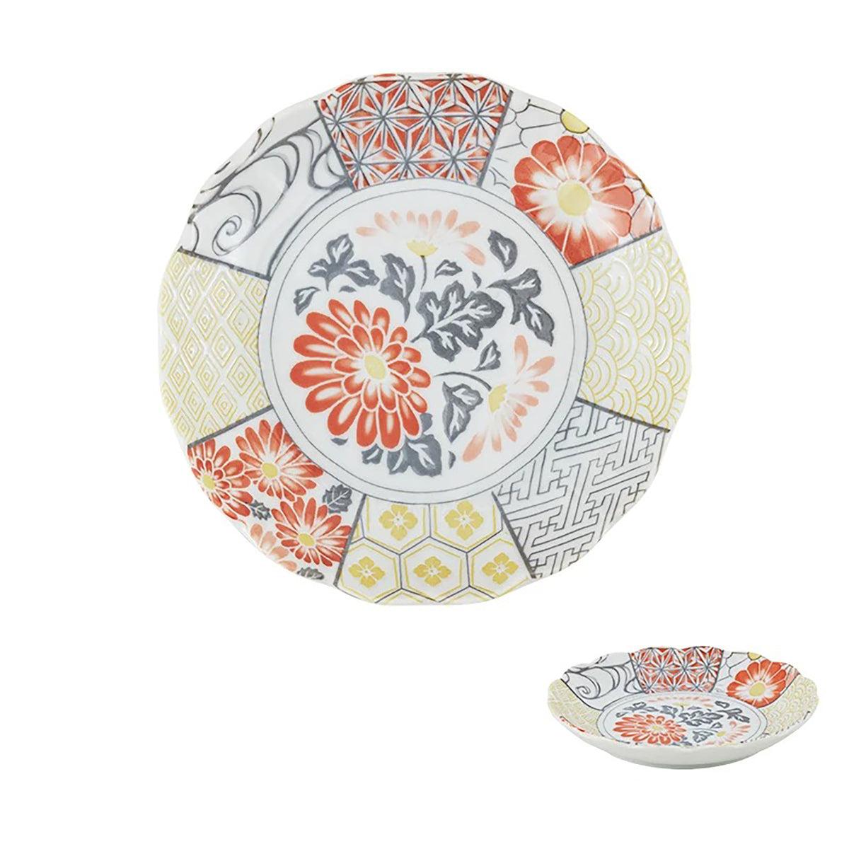 Vaisselle Minoyaki motif chrysanthème et vagues porte-bonheur