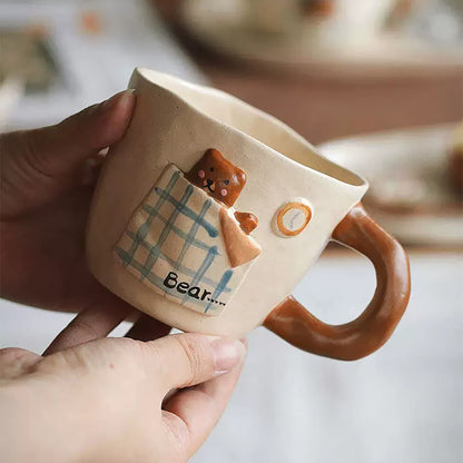 Vaisselle de petit déjeuner artisanale en céramique à motif ourson