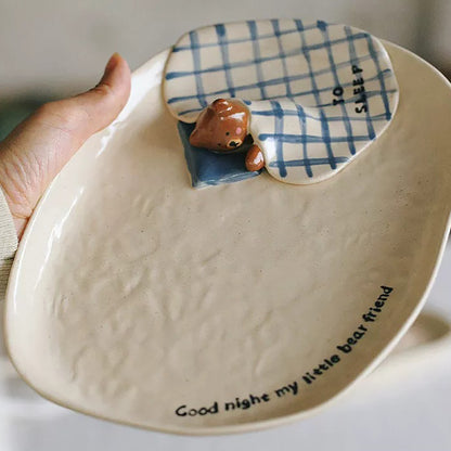 Vaisselle de petit déjeuner artisanale en céramique à motif ourson