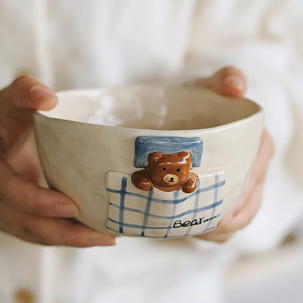 Vaisselle de petit déjeuner artisanale en céramique à motif ourson