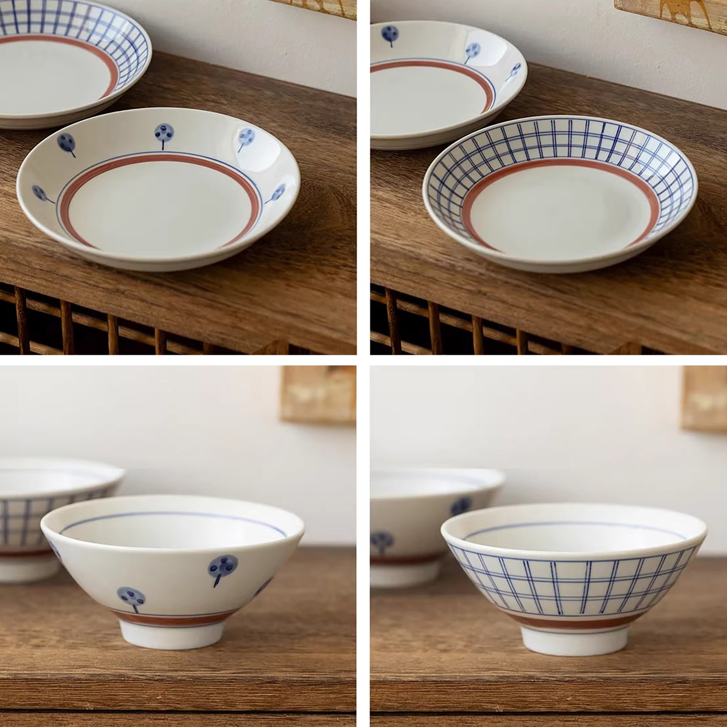 Vaisselle Minoyaki motif arbres et carreaux peinte à la main