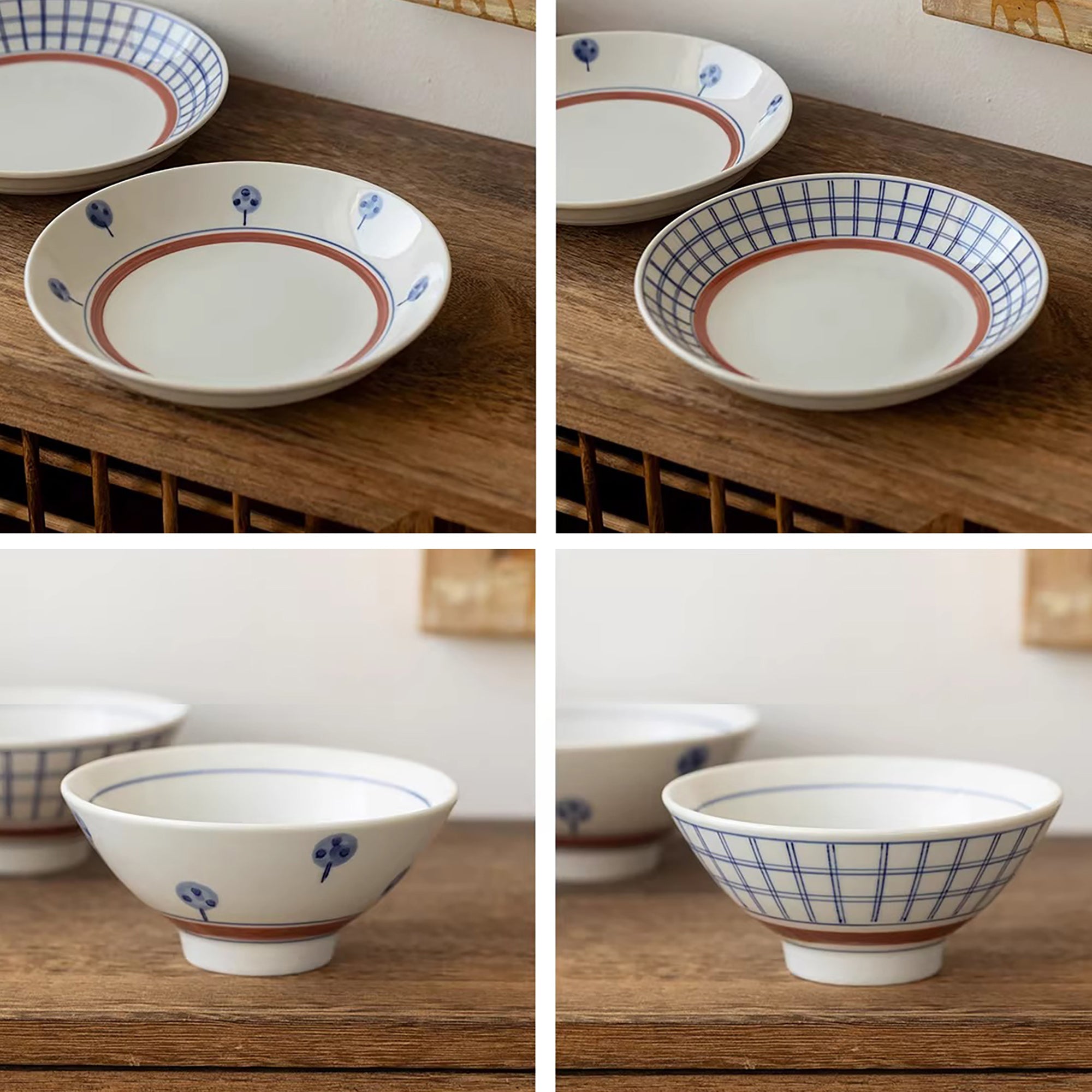 Vaisselle Minoyaki motif arbres et carreaux peinte à la main