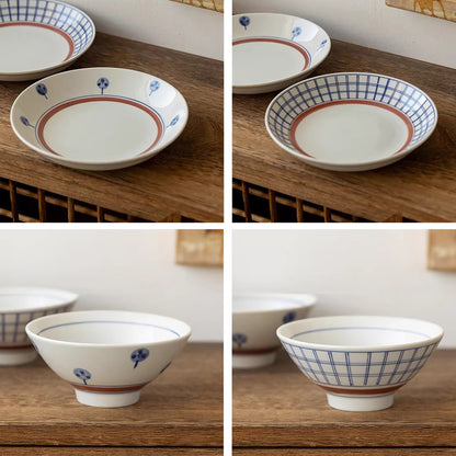 Vaisselle Minoyaki motif arbres et carreaux peinte à la main