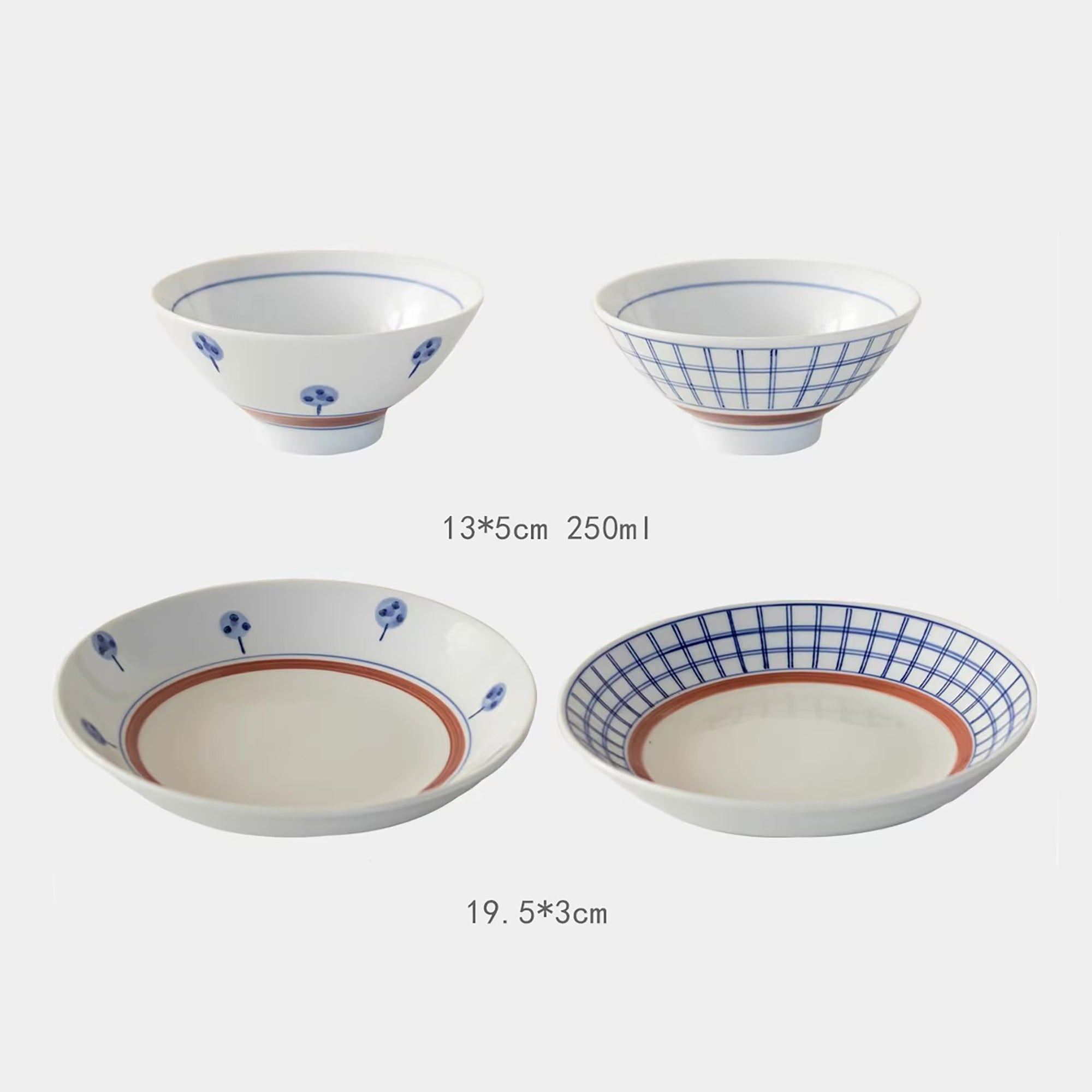 Vaisselle Minoyaki motif arbres et carreaux peinte à la main