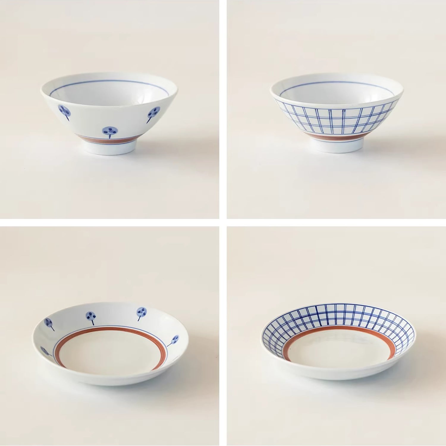 Vaisselle Minoyaki motif arbres et carreaux peinte à la main
